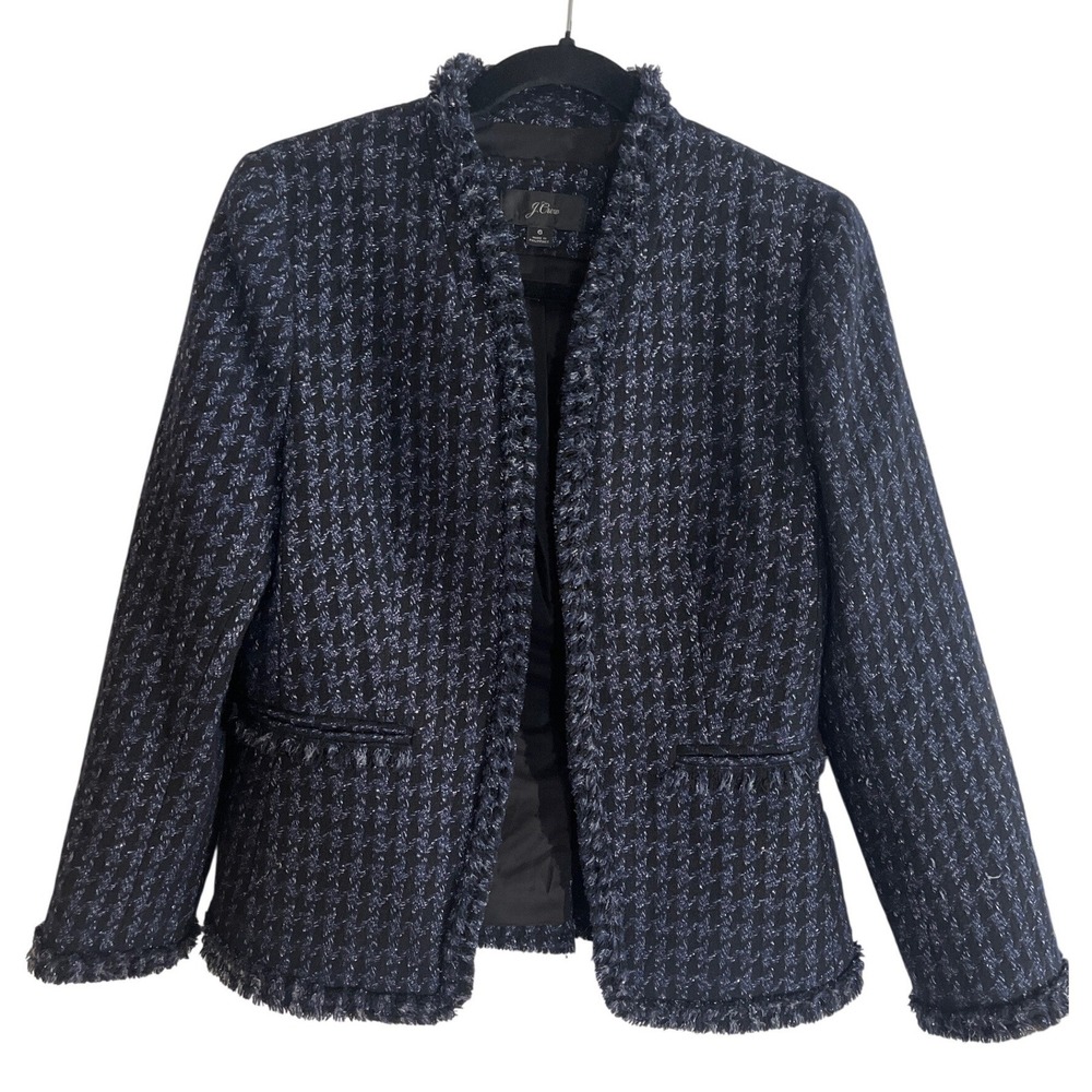 J.Crew Blazer Womens 6 Navy Houndstooth Tweed Metallic Fringe Trim Jacket
